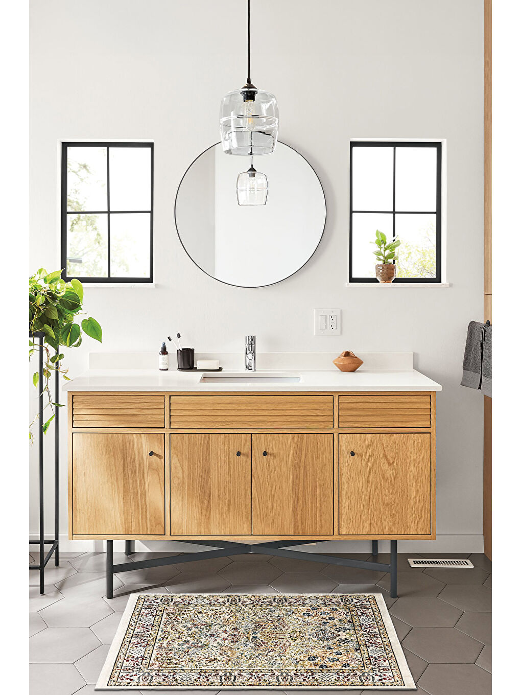 Ekru Dekoratif Özel Tasarım Yıkanabilir İnce Kaymaz Tabanlı Modern Halı KECE FR06-3