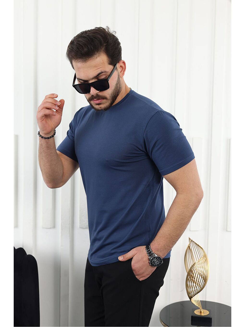 Lacivert Erkek Slim Fit Baskısız T-Shirt-2