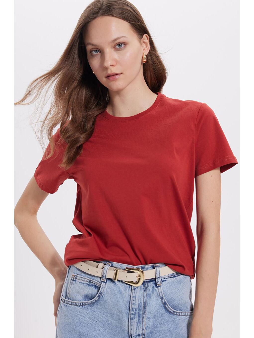 Kahverengi Kadın Bol Kesim Rahat Duruş %100 Pamuk Yumuşak Dokulu Kiremit Bisiklet Yaka Tişört-6
