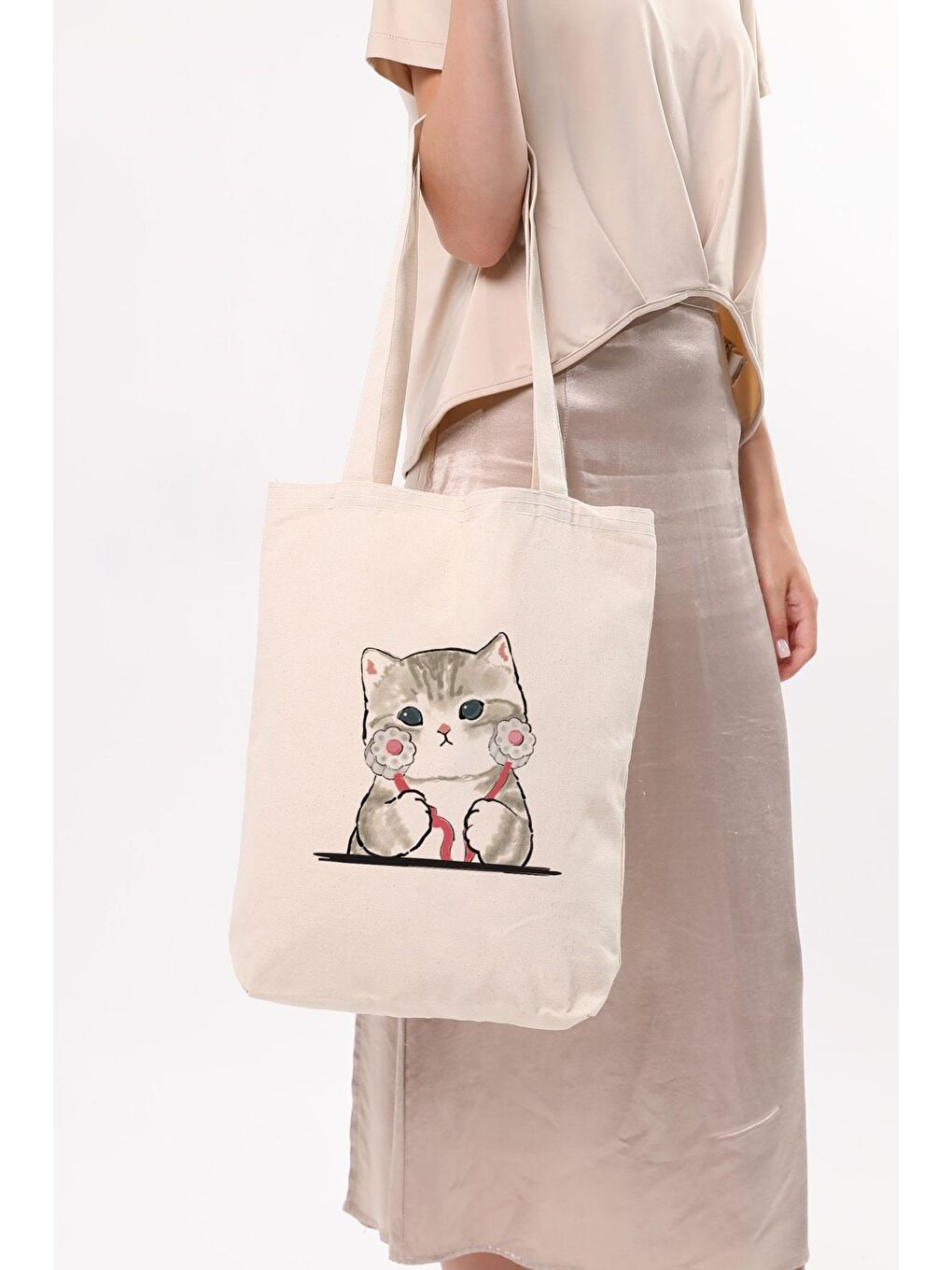 Ekru Kanvas Doktor Kedi Bez Çanta C1613-4
