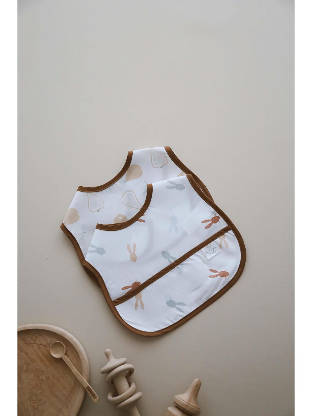 Kahverengi Biyeli 2Li Sıvı Geçirmez Mama Önlüğü 6-36 Ay