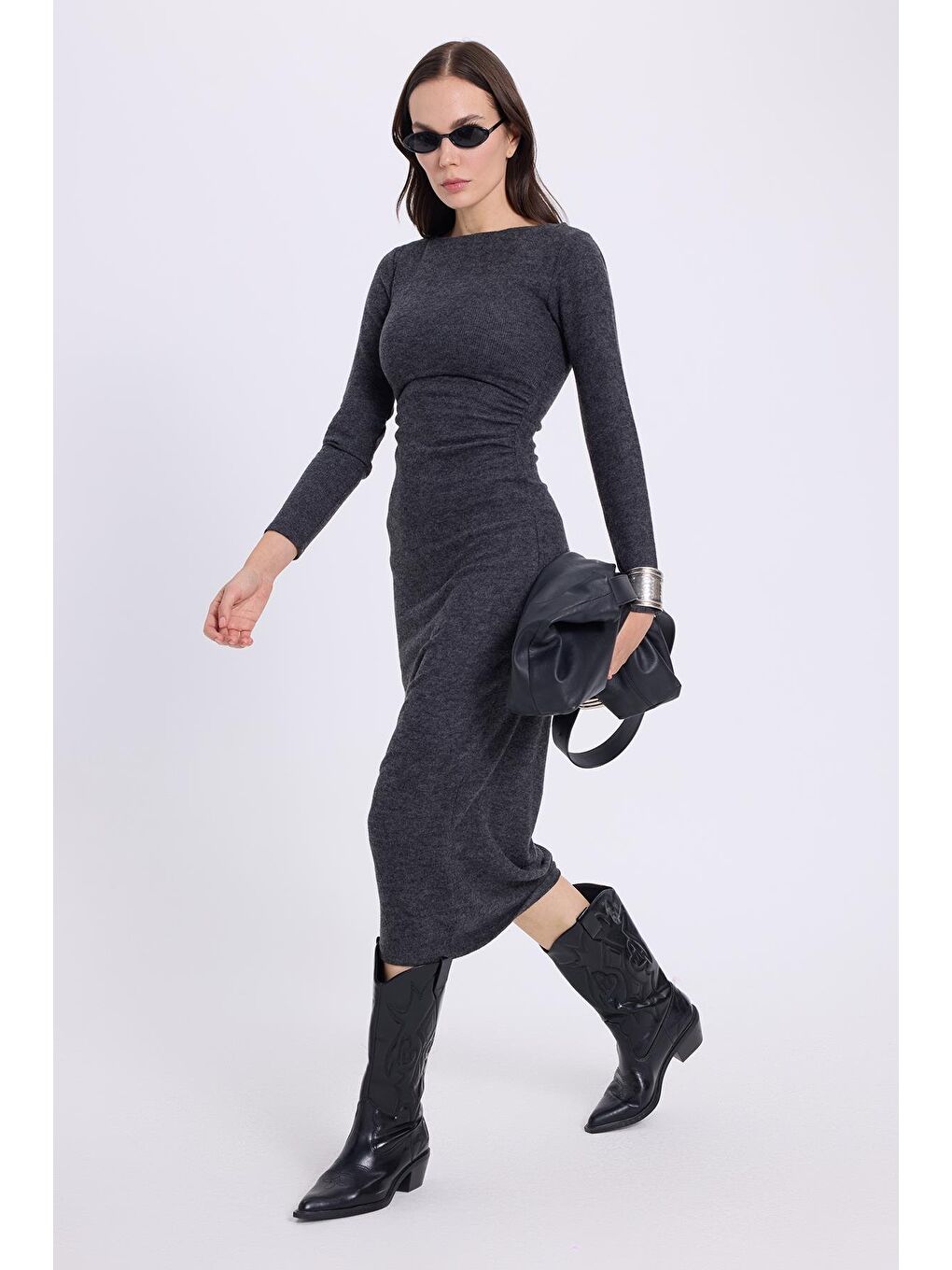 Kadın Slim Fit Dar Kesim Bisiklet Yaka Antrasit Elbise-1