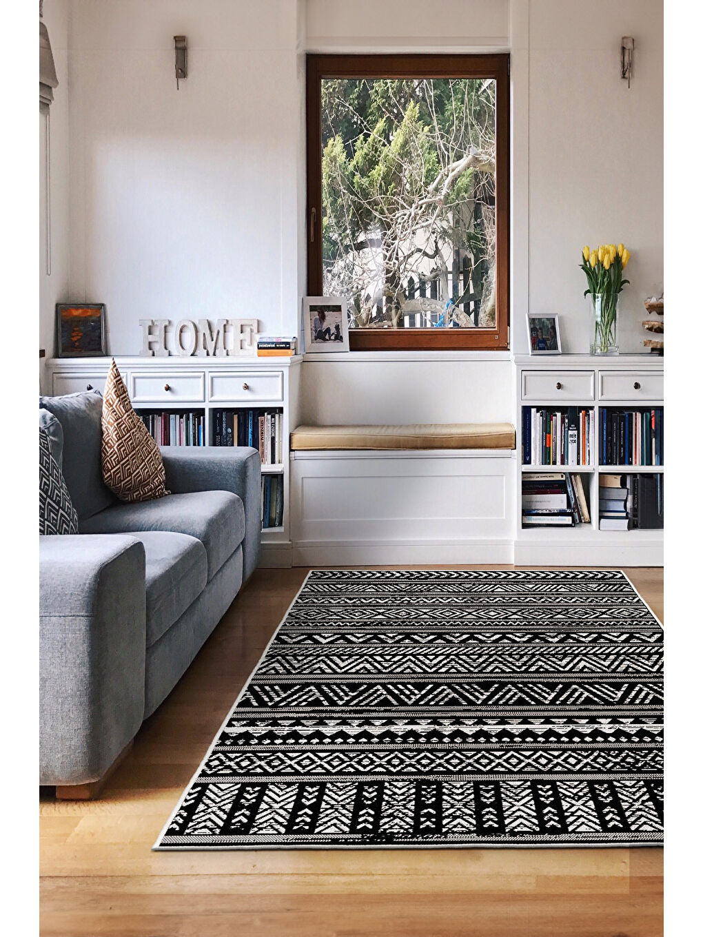 Siyah Dekoratif Özel Tasarım Yıkanabilir İnce Kaymaz Tabanlı Modern Halı KECE FR14-1