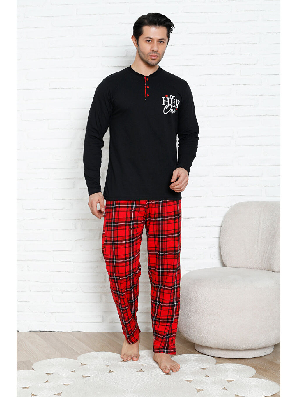 Siyah Erkek Pijama Takımı - Ekose Altlı- Eş Versiyonlu -12580-1