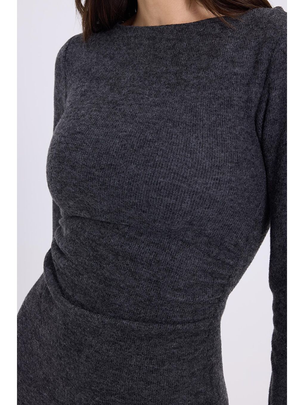 Kadın Slim Fit Dar Kesim Bisiklet Yaka Antrasit Elbise-2