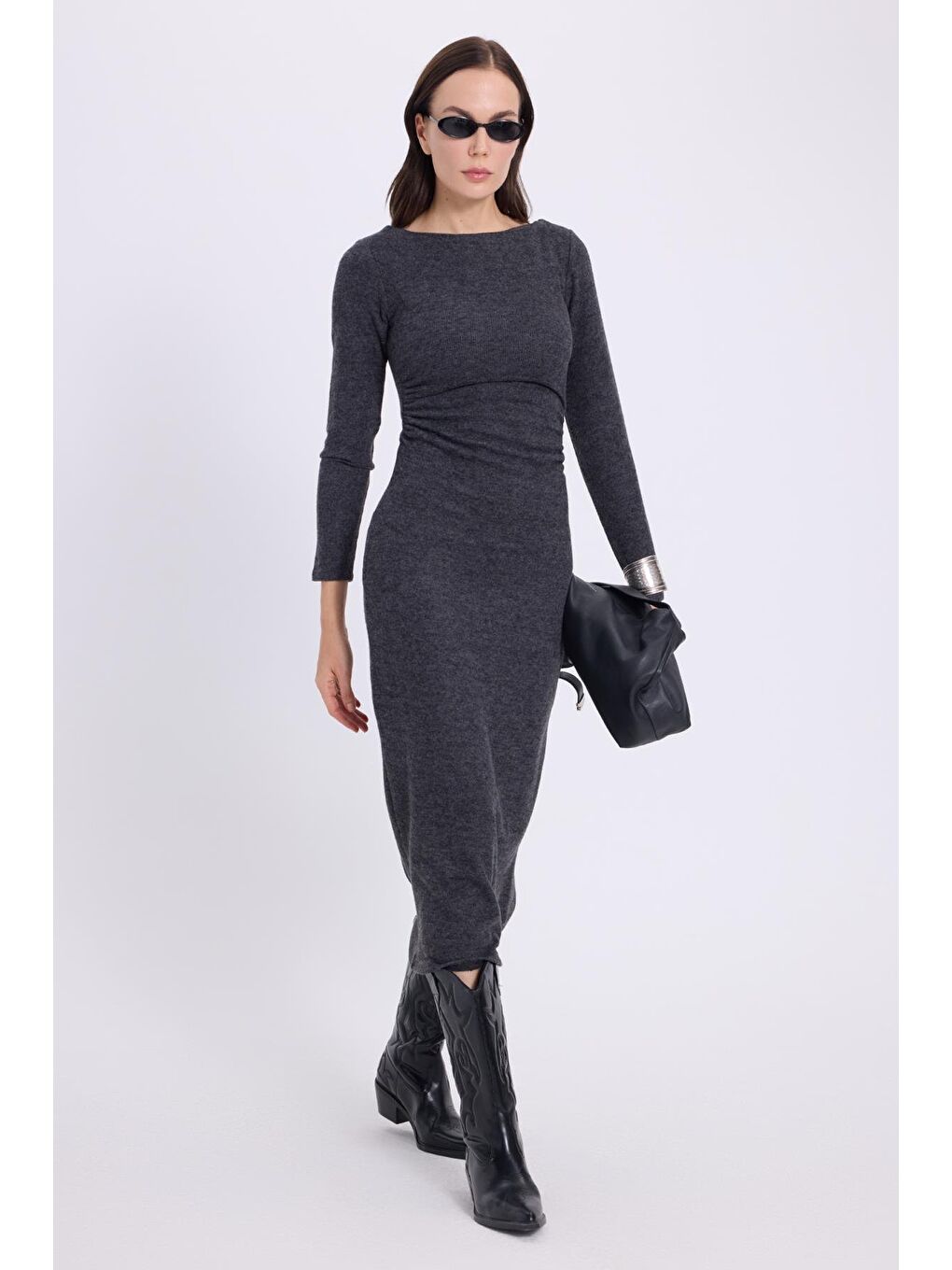 Kadın Slim Fit Dar Kesim Bisiklet Yaka Antrasit Elbise-3