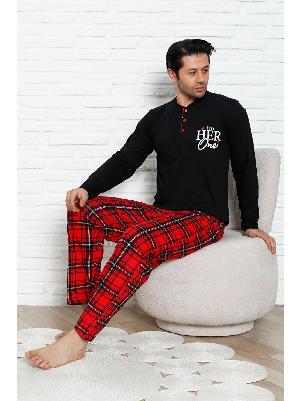 Siyah Erkek Pijama Takımı - Ekose Altlı- Eş Versiyonlu -12580-2