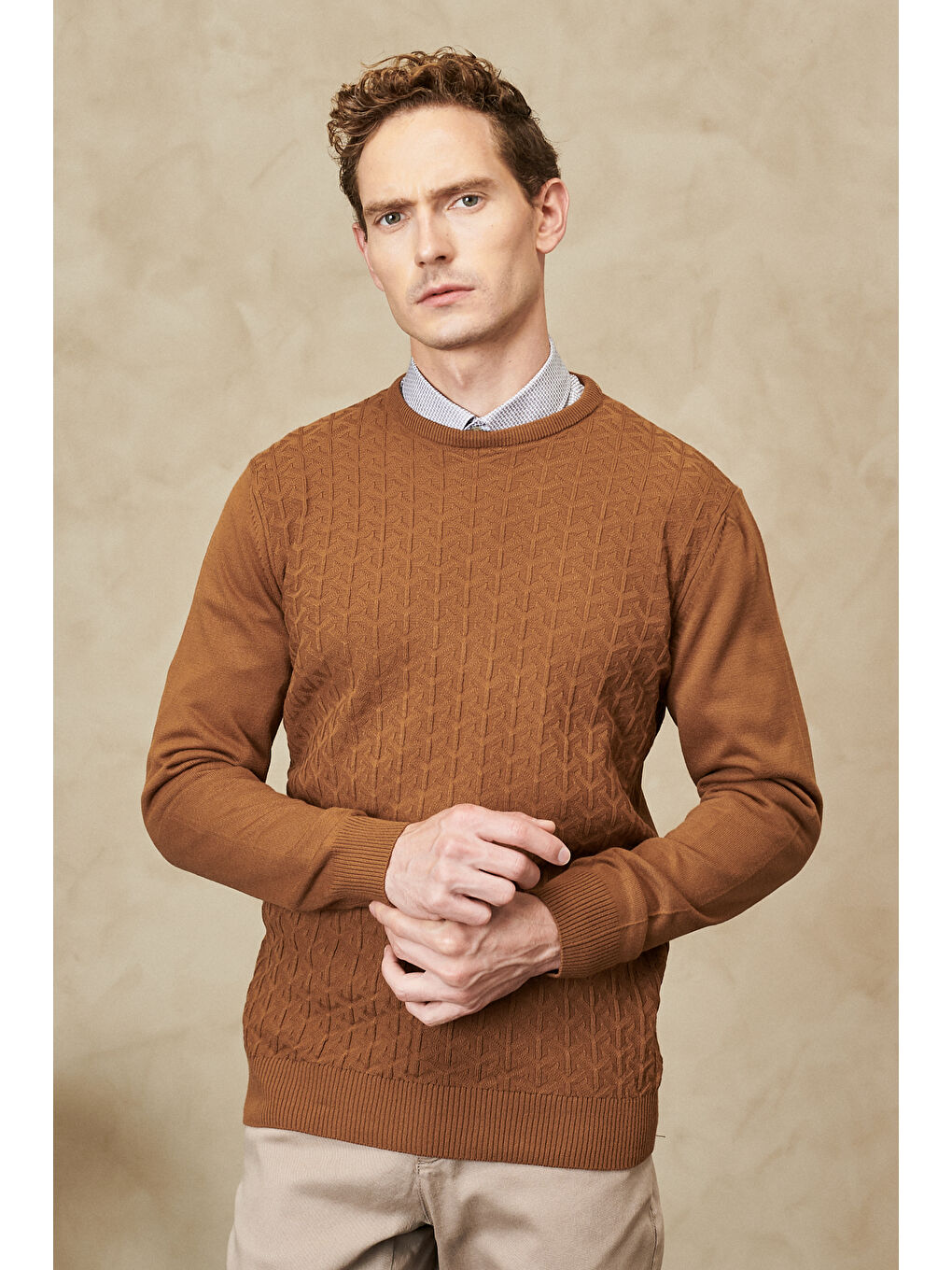 Kahverengi Erkek Tarçın Anti-Pilling Özellikli Tüylenme Yapmayan Standart Fit Bisiklet Yaka Önü Dokulu Triko-3