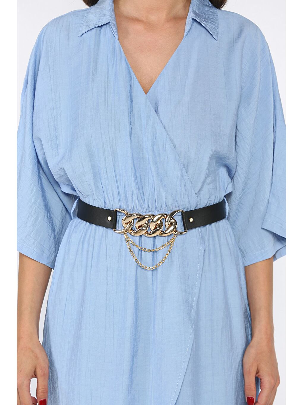 Mavi Kruvaze Yaka Kemerli Kadın Elbise-3