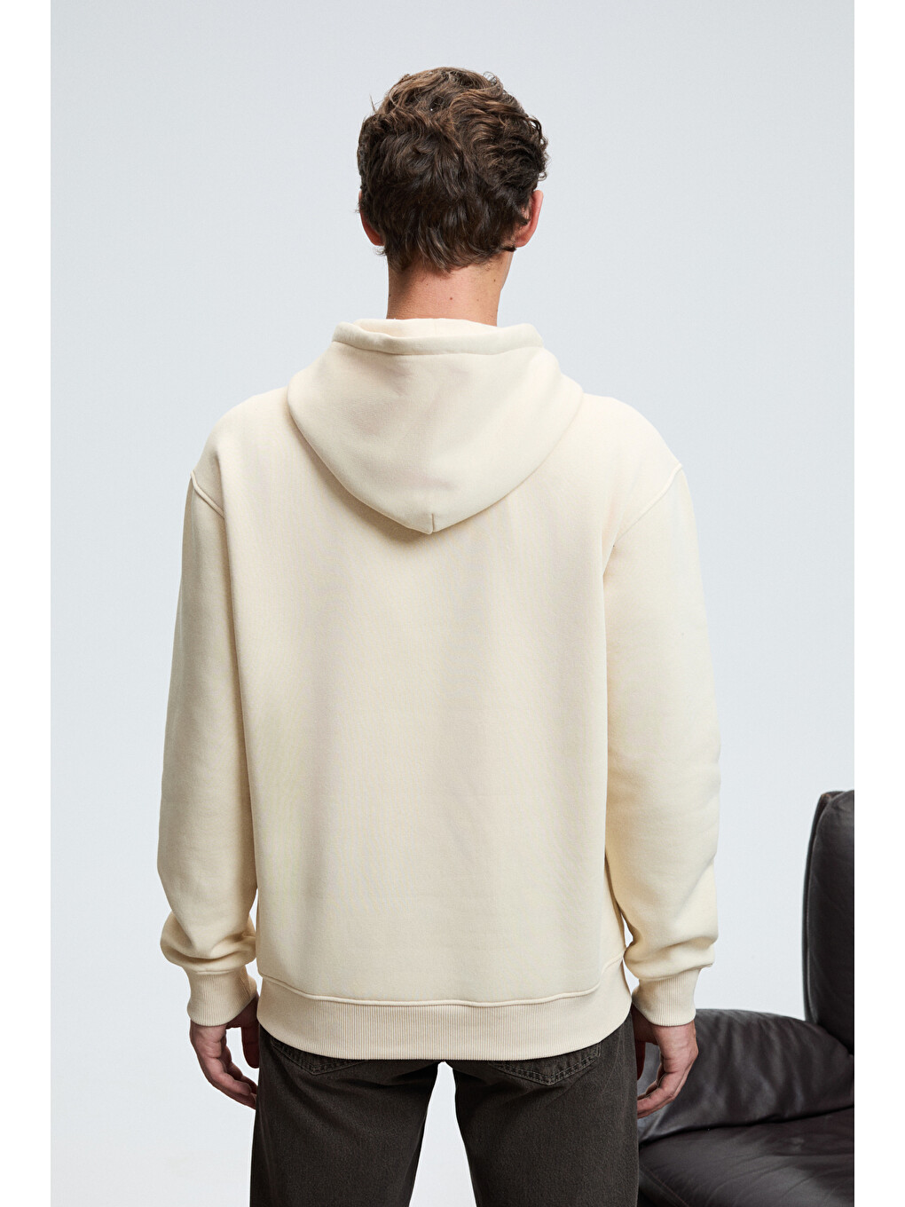 Ekru Justus Erkek Kapüşonlu Kanguru Cepli Fermuar Yakalı Krem Sweatshirt-6