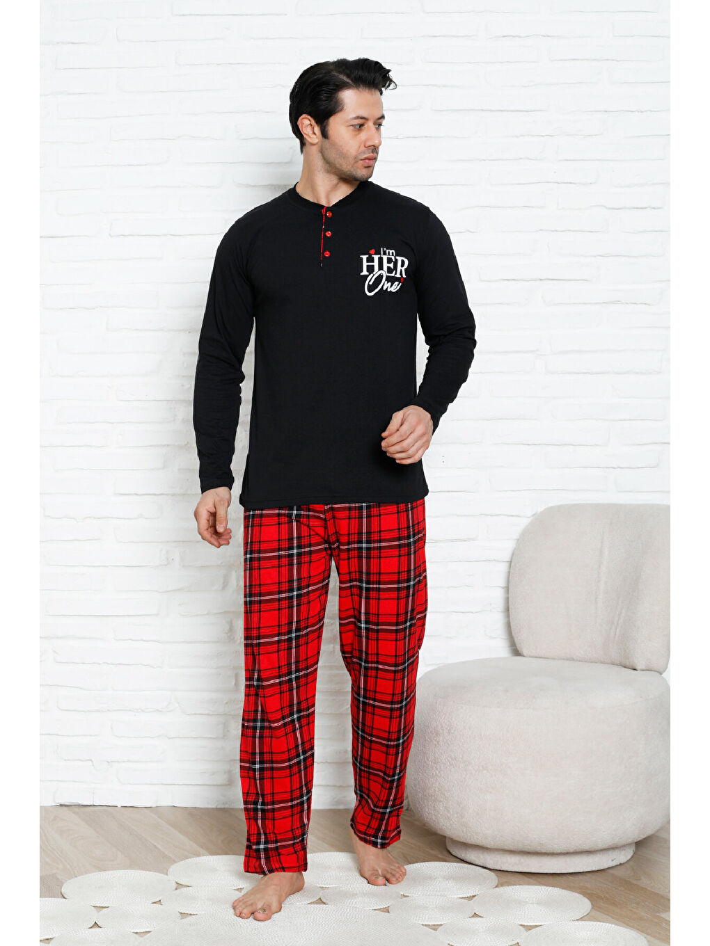 Siyah Erkek Pijama Takımı - Ekose Altlı- Eş Versiyonlu -12580-3