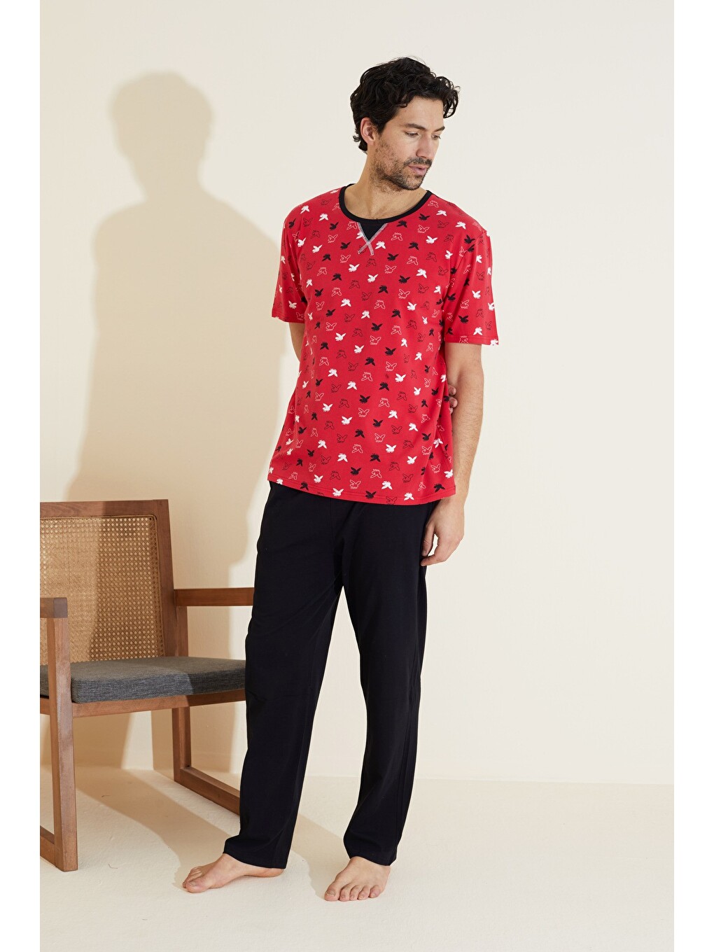 Kırmızı Bisiklet Yaka Baskılı Örme Pijama Takım 25109837-1
