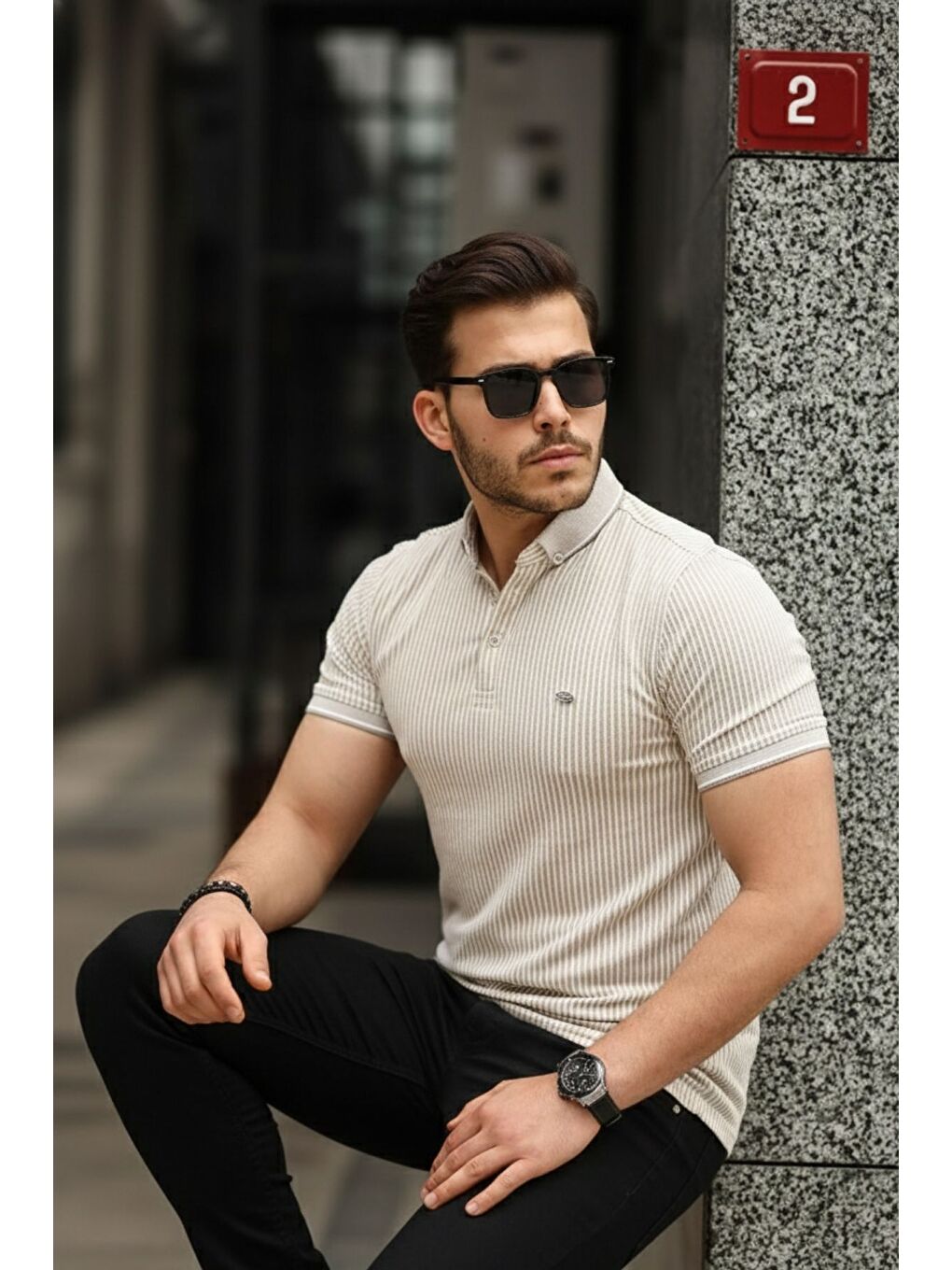 Kahverengi Erkek Kıvrılmaz Polo Yaka Slim Fit Çizgili T-Shirt-3