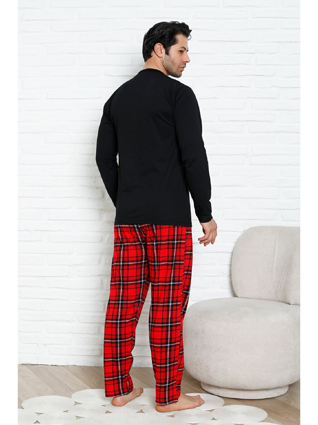 Siyah Erkek Pijama Takımı - Ekose Altlı- Eş Versiyonlu -12580-4