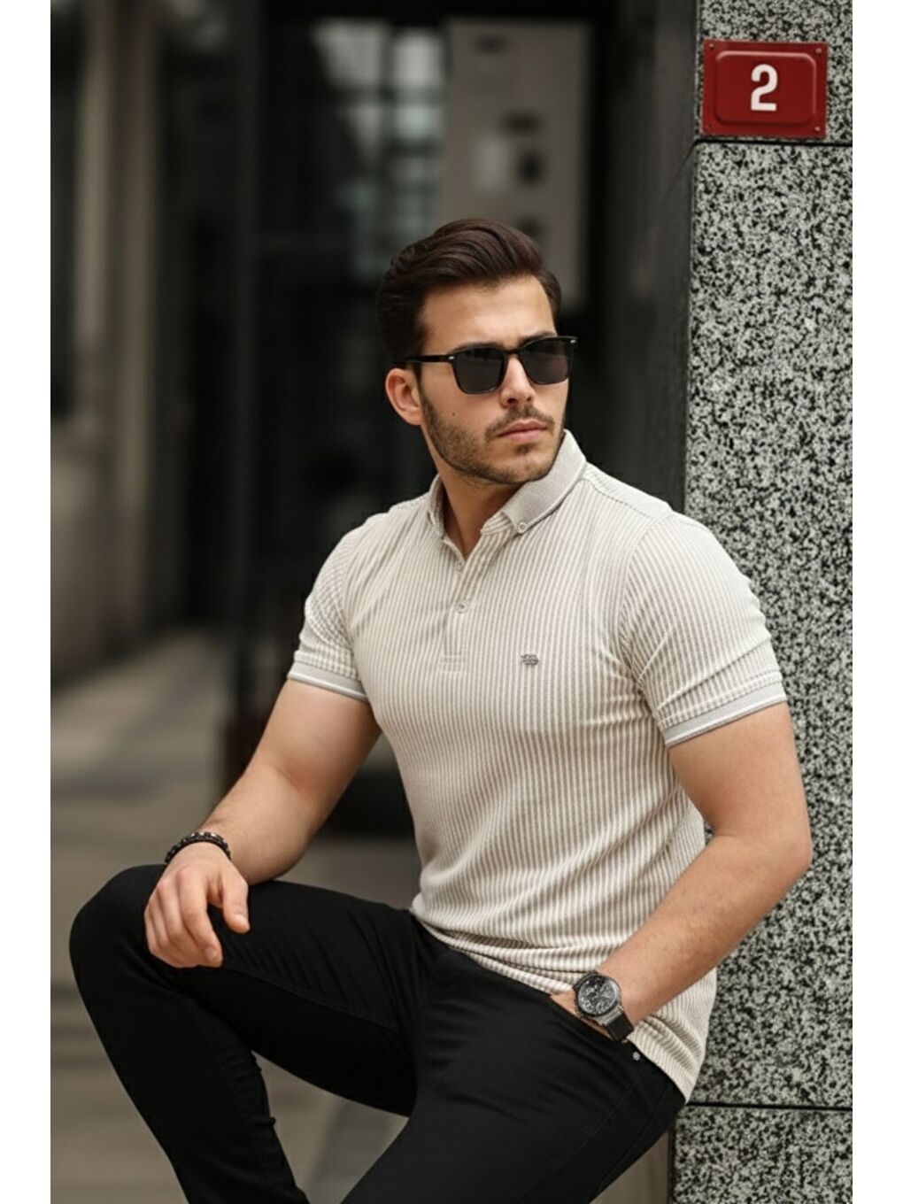 Kahverengi Erkek Kıvrılmaz Polo Yaka Slim Fit Çizgili T-Shirt-4