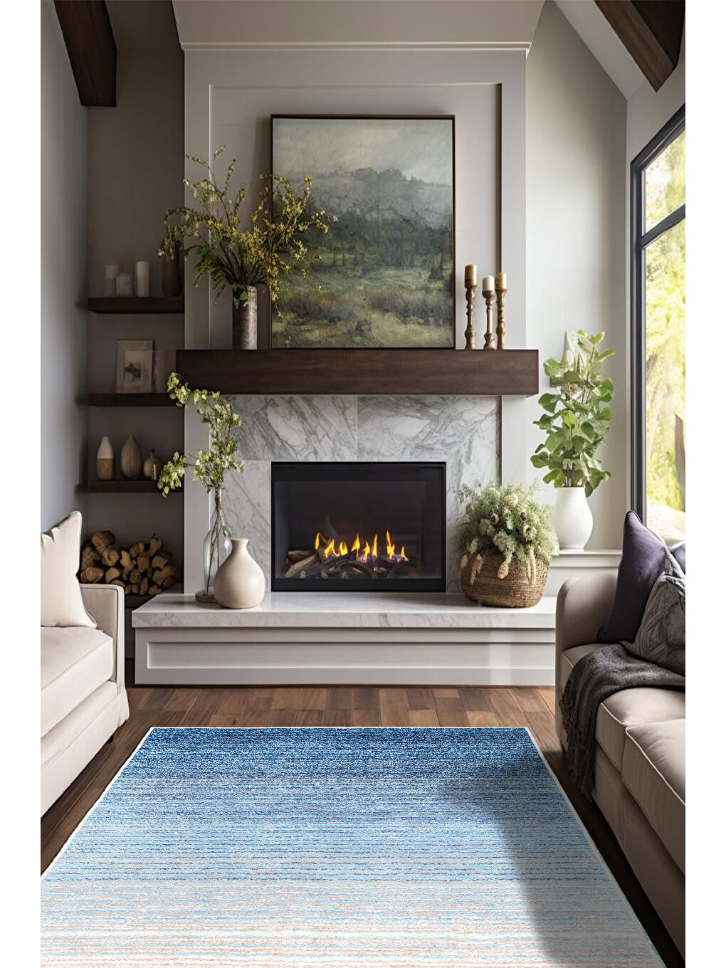 Mavi Dekoratif Özel Tasarım Yıkanabilir İnce Kaymaz Tabanlı Modern Halı KECE FR08-2