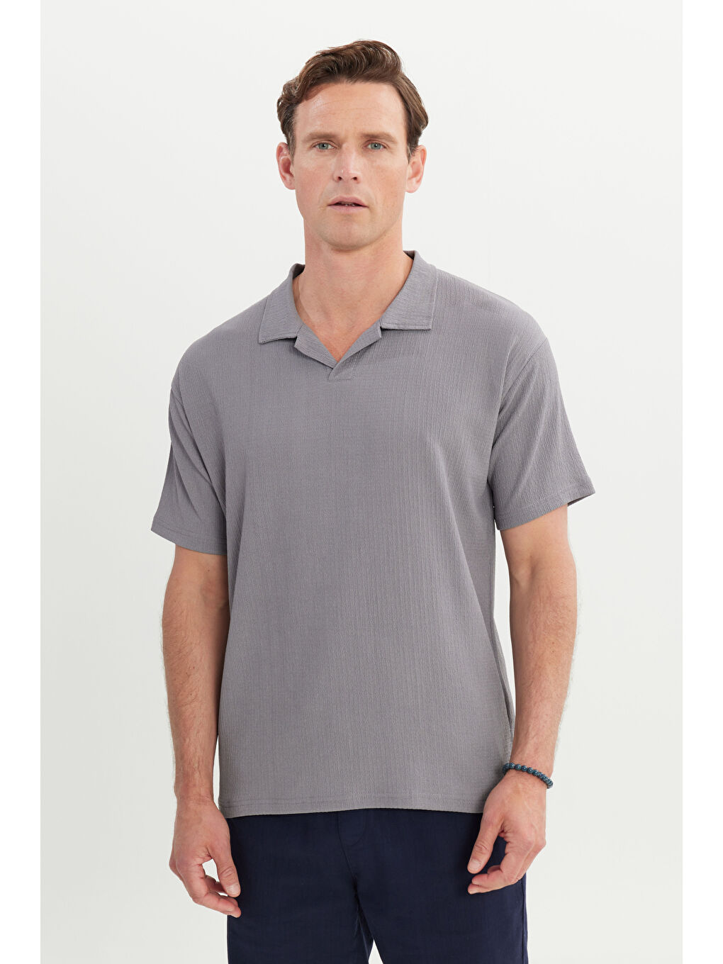 Erkek Gri Relax Fit Rahat Kesim Polo Yaka Tişört-2