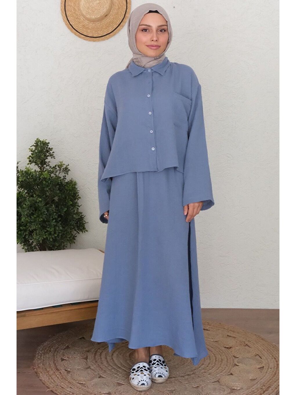 İndigo Müslin Crop Gömlek Etek Takım