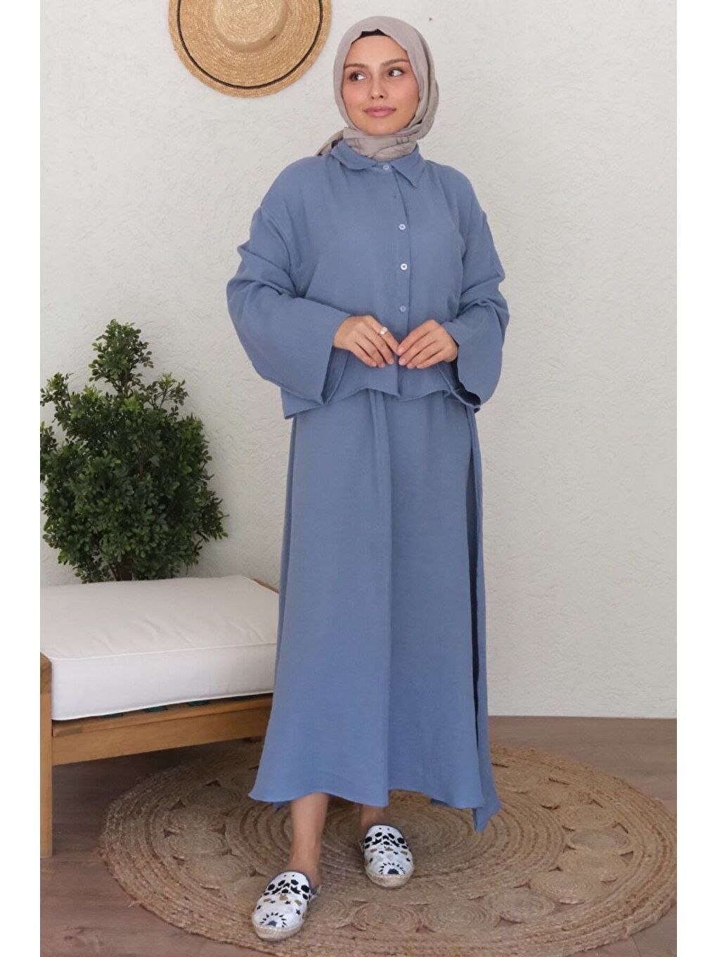 İndigo Müslin Crop Gömlek Etek Takım-1