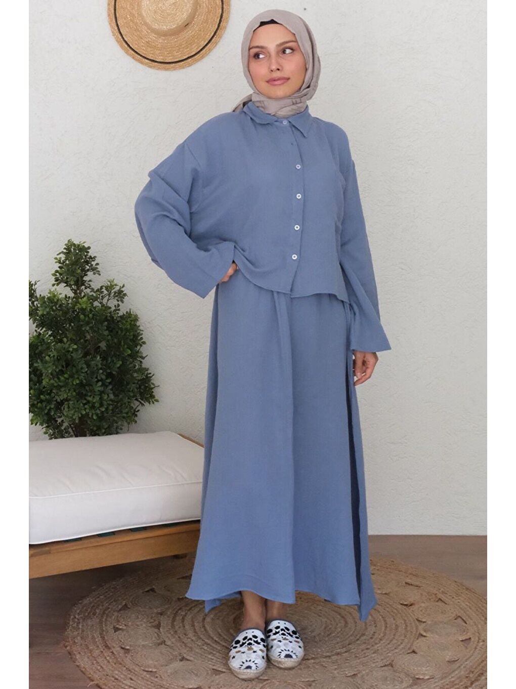 İndigo Müslin Crop Gömlek Etek Takım-2