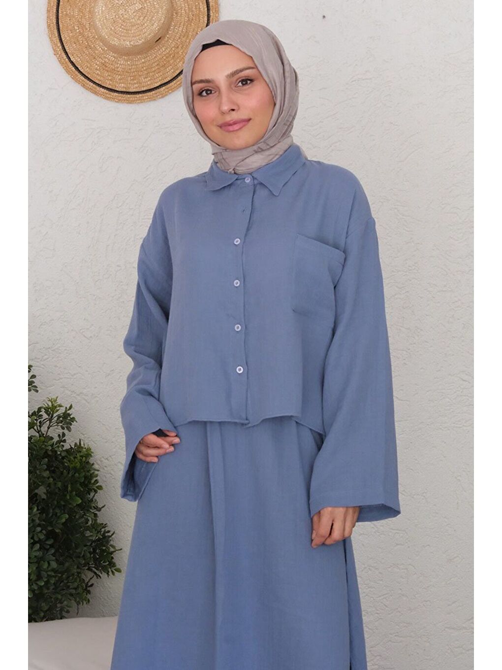 İndigo Müslin Crop Gömlek Etek Takım-3