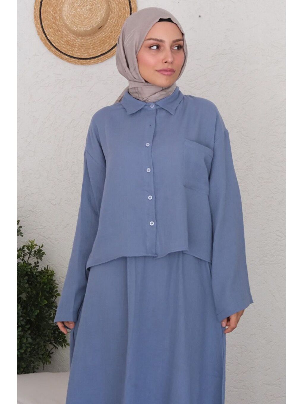 İndigo Müslin Crop Gömlek Etek Takım-4