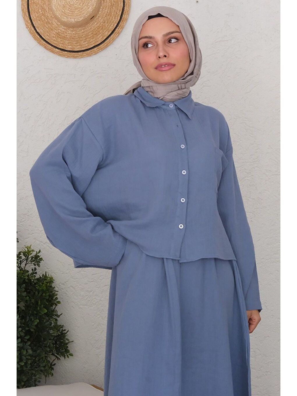 İndigo Müslin Crop Gömlek Etek Takım-5