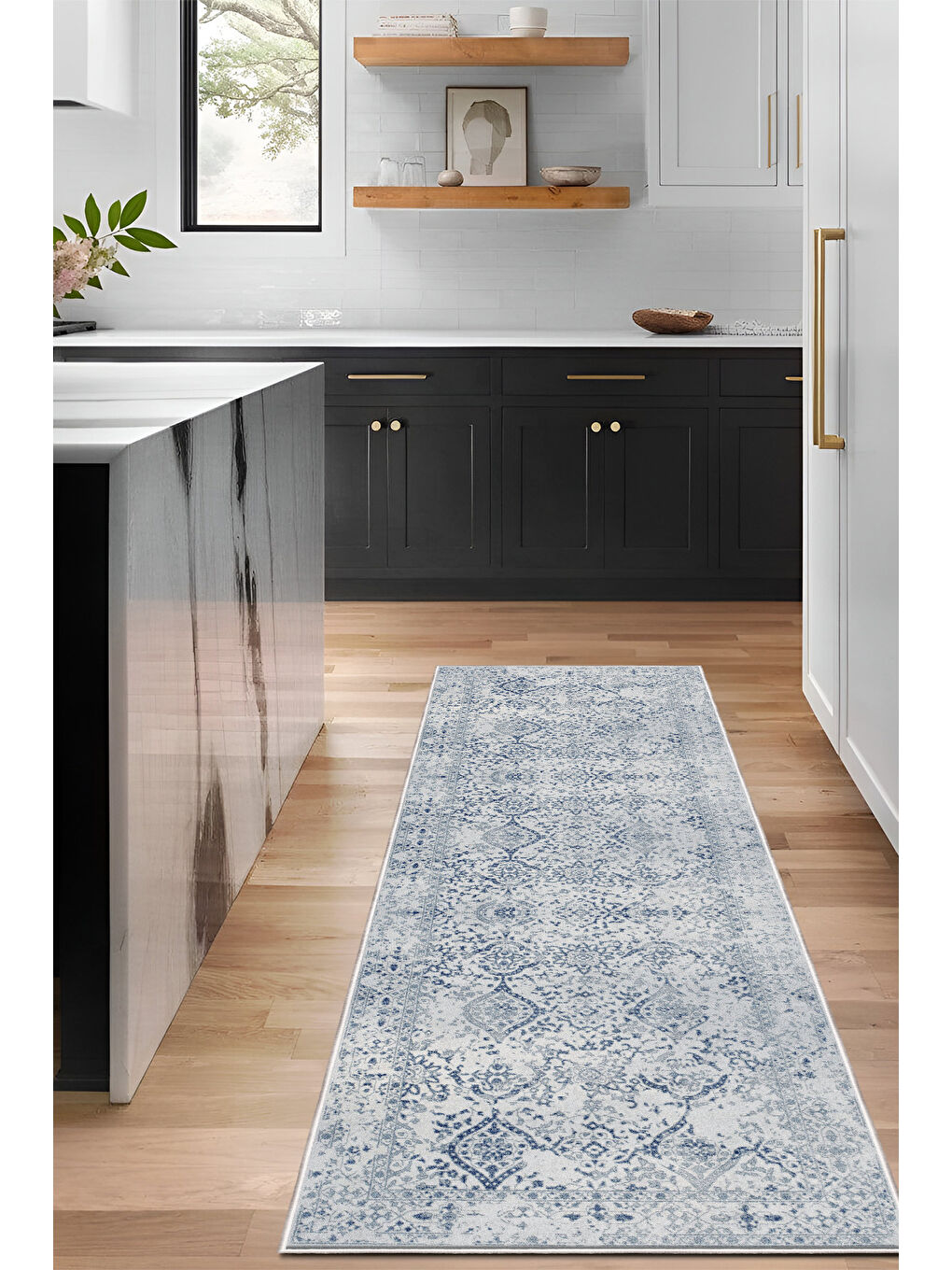 Mavi Dekoratif Özel Tasarım Yıkanabilir İnce Kaymaz Tabanlı Modern Halı KECE FR07-4