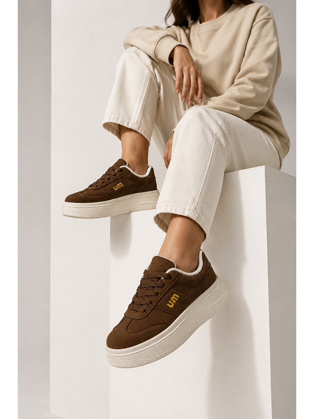 Kahverengi Kadın, Süet Doku, Kalın Taban, Bağcıklı, Günlük Sneaker Ayakkabı-1