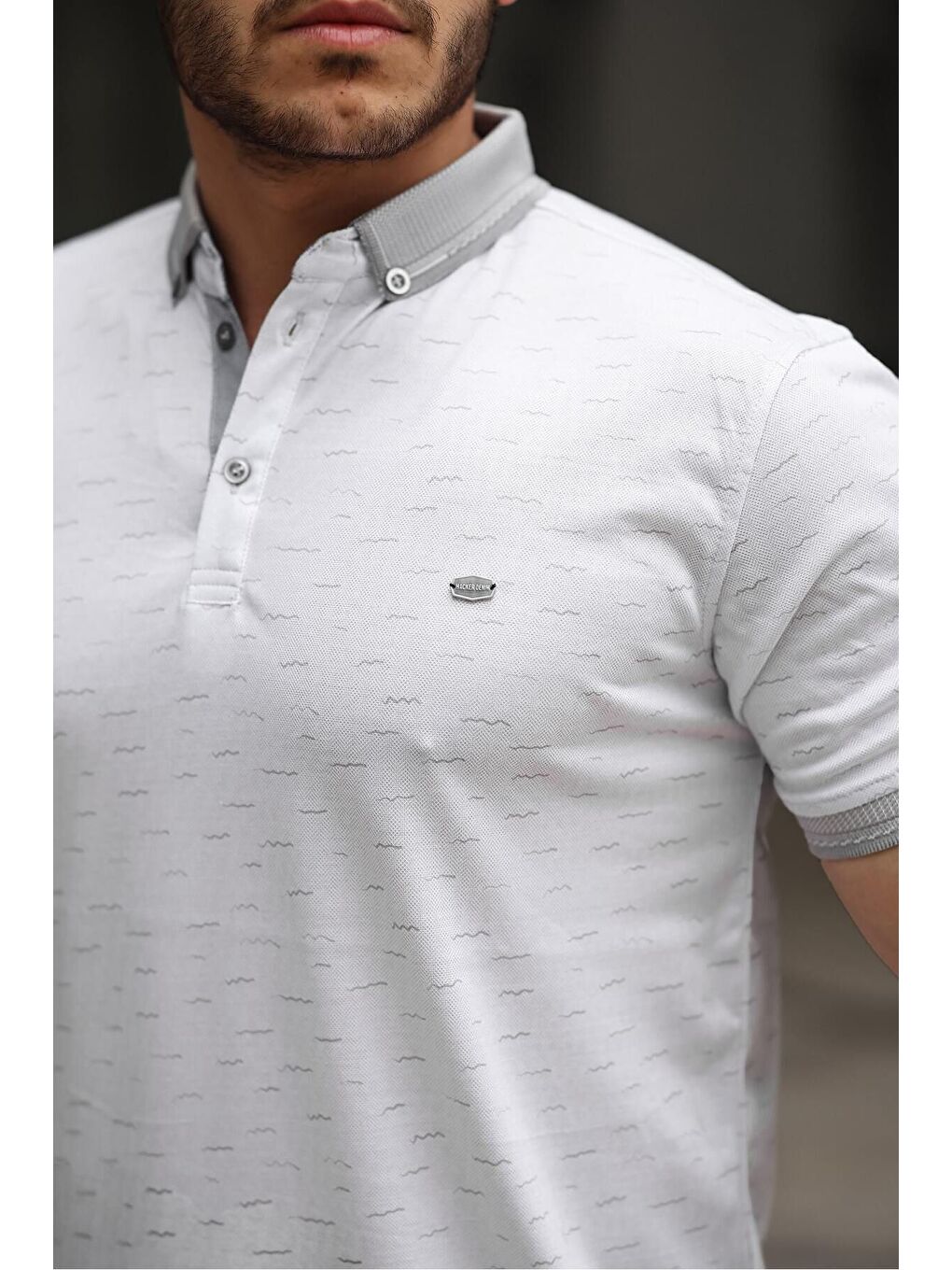 Gri Erkek Kıvrılmaz Polo Yaka Cepsiz Slim Fit Desenli T-Shirt-1