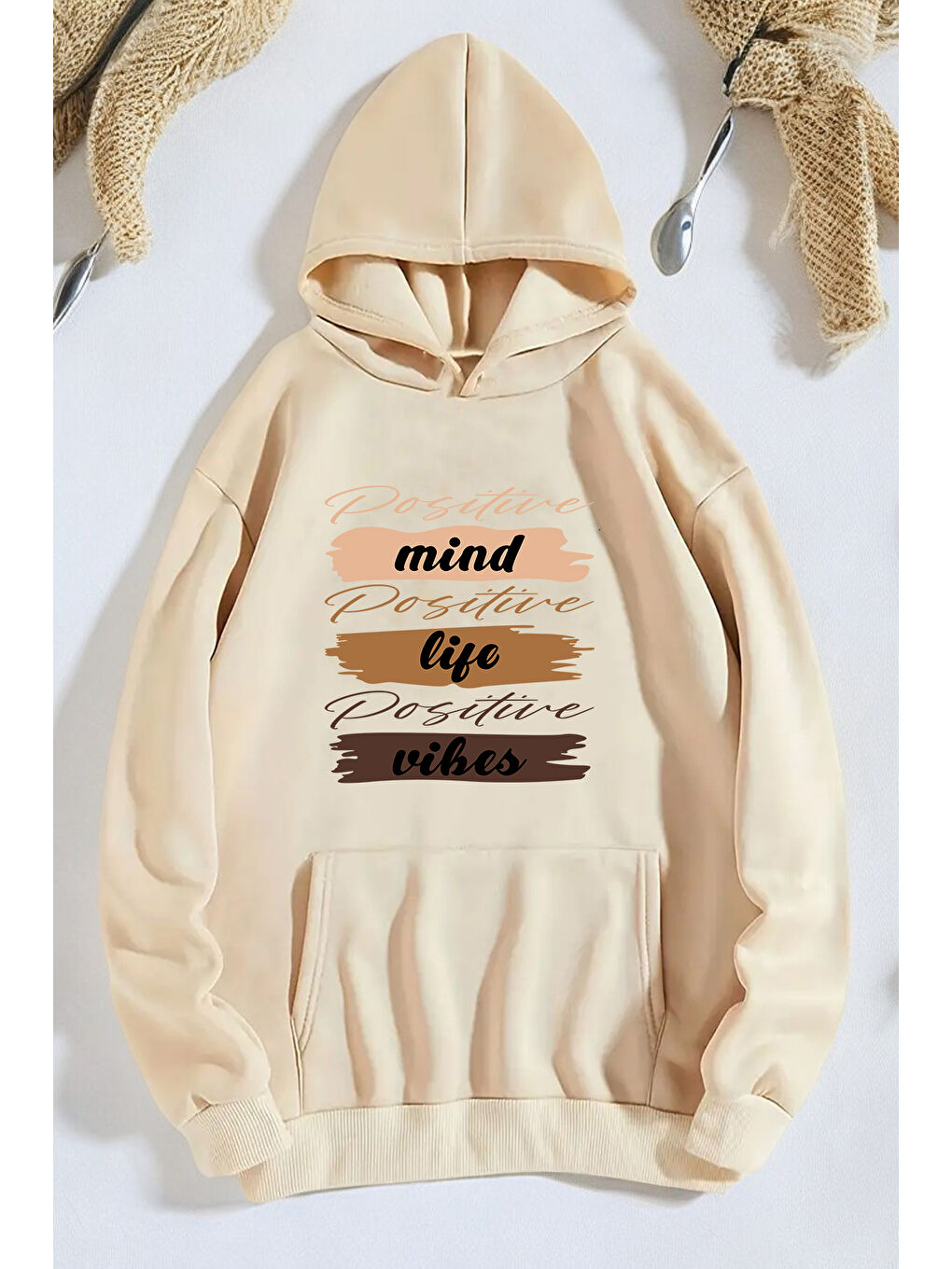 uyguntarz Bej Mind Life Vibes Baskılı Oversize Sweatshirt