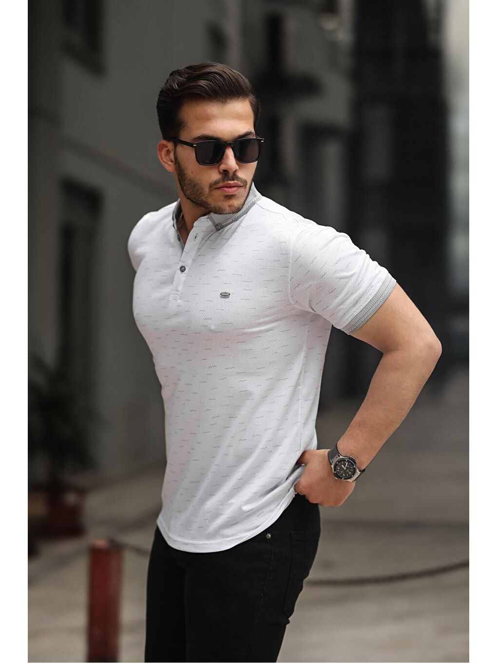 Gri Erkek Kıvrılmaz Polo Yaka Cepsiz Slim Fit Desenli T-Shirt-2