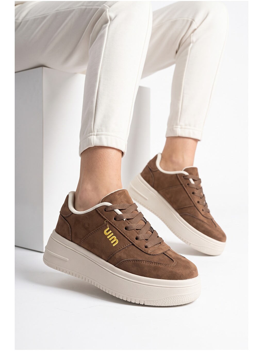 Kahverengi Kadın, Süet Doku, Kalın Taban, Bağcıklı, Günlük Sneaker Ayakkabı-2