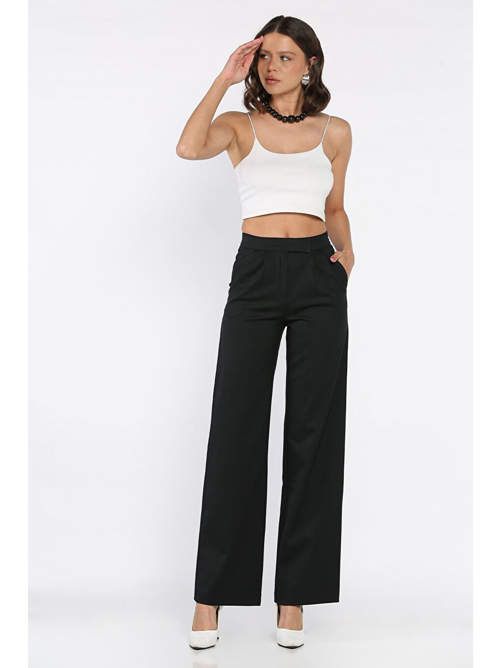 Lacivert Bel Lastikli Cırtlı Kadın Palazzo Pantolon