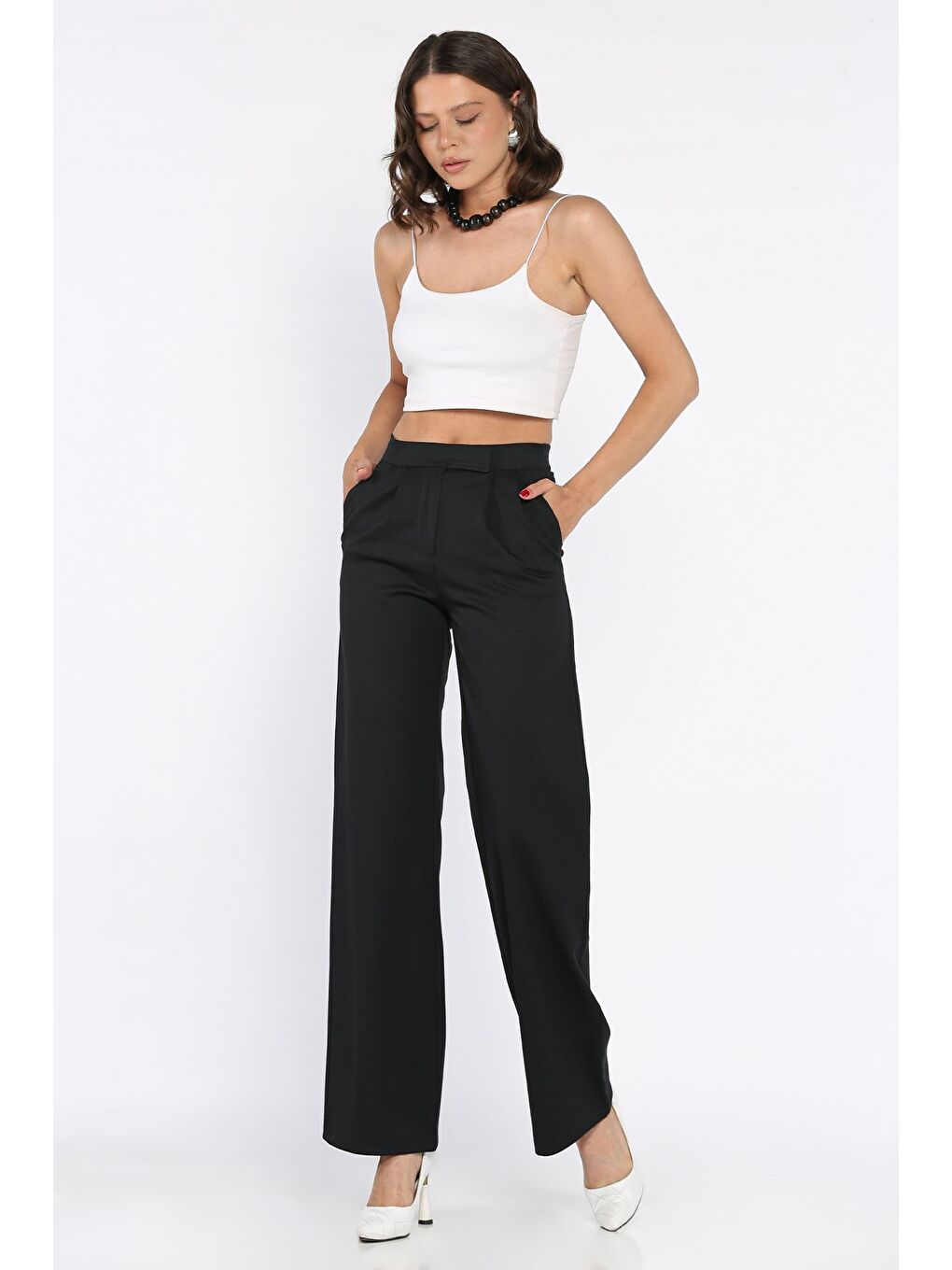 Lacivert Bel Lastikli Cırtlı Kadın Palazzo Pantolon-1