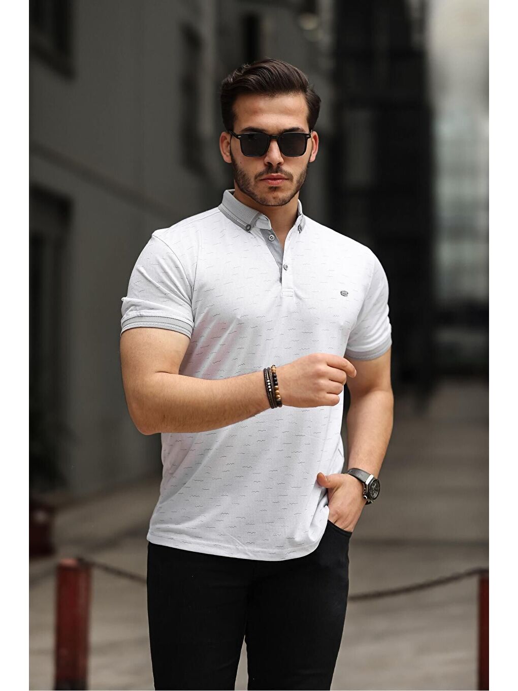 Gri Erkek Kıvrılmaz Polo Yaka Cepsiz Slim Fit Desenli T-Shirt-3