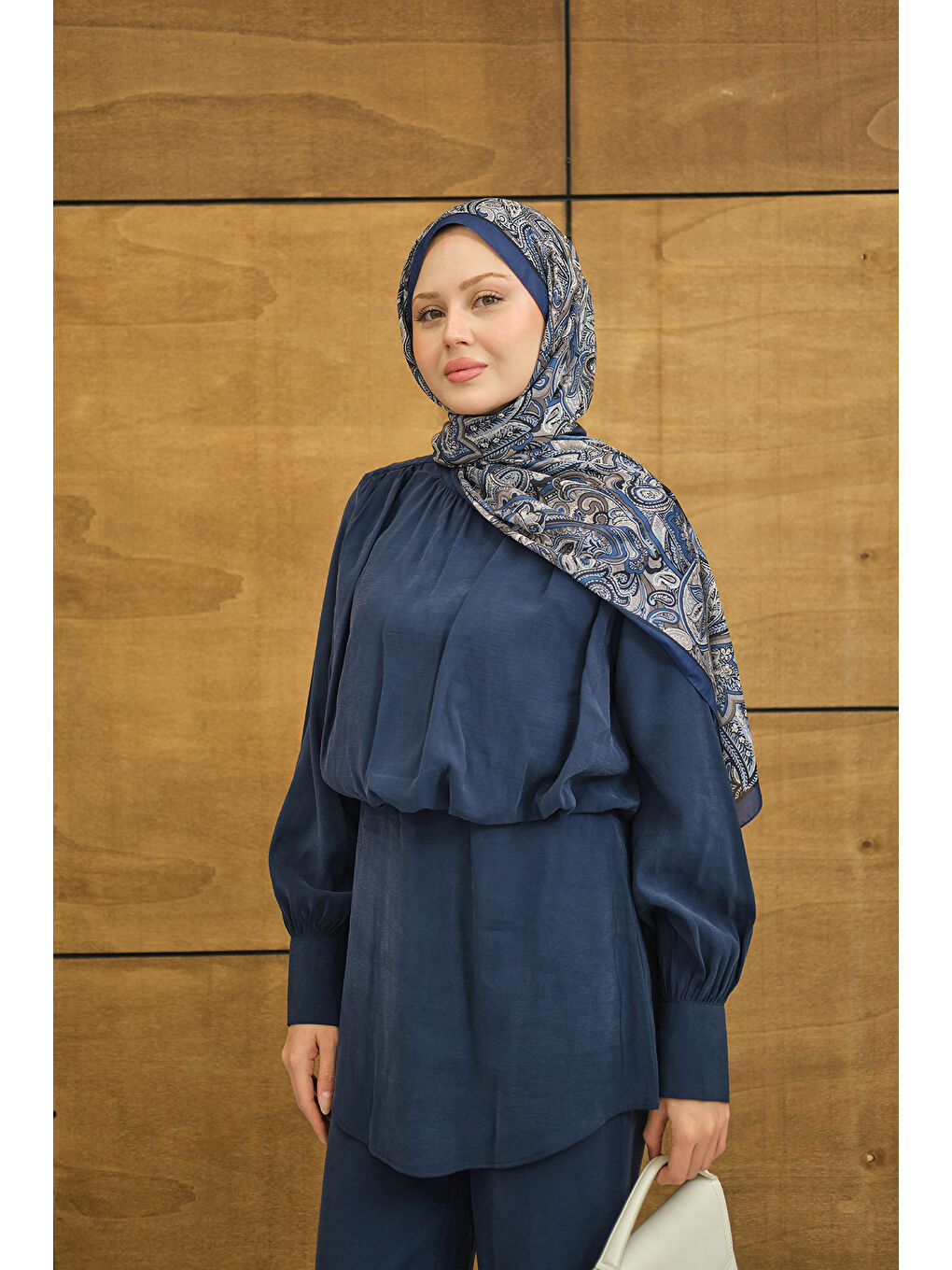 Kadın Hakim Yaka Balon Bel Volanlı Slimfit Tencele Takım Lacivert-3