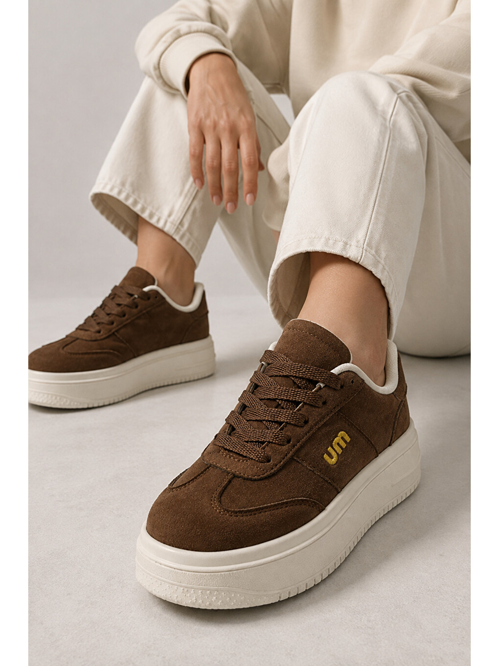 Kahverengi Kadın, Süet Doku, Kalın Taban, Bağcıklı, Günlük Sneaker Ayakkabı-4