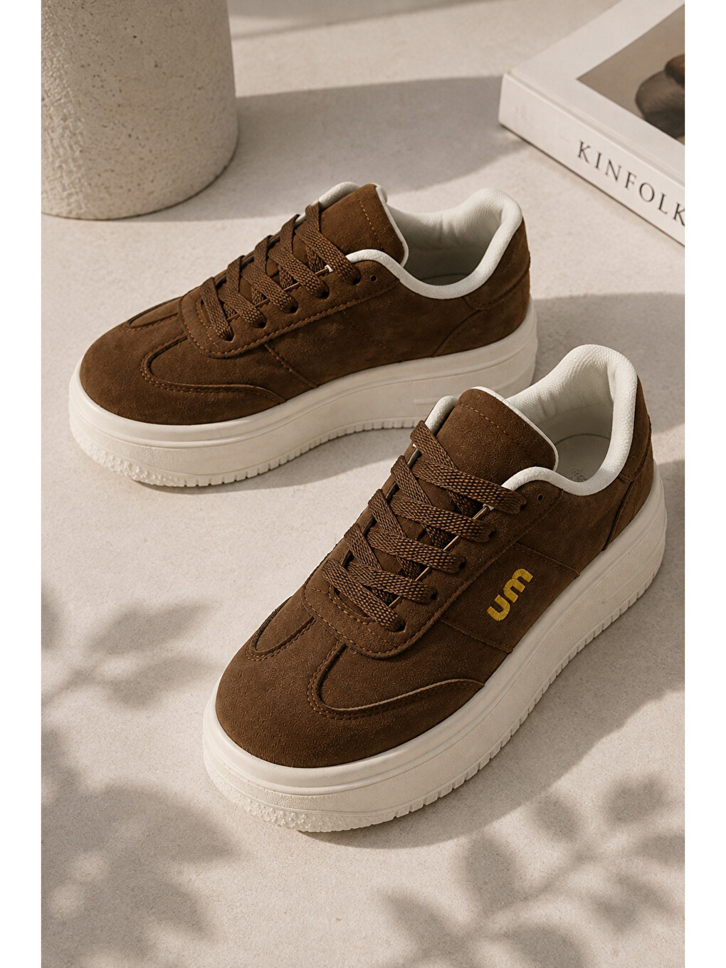 Kahverengi Kadın, Süet Doku, Kalın Taban, Bağcıklı, Günlük Sneaker Ayakkabı-5