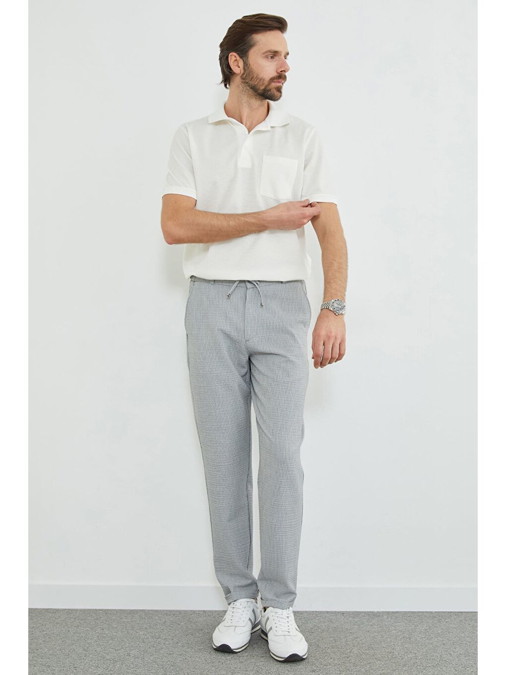 Gri Çizgili Duble Paça Beli Bağlamalı Pantolon-2