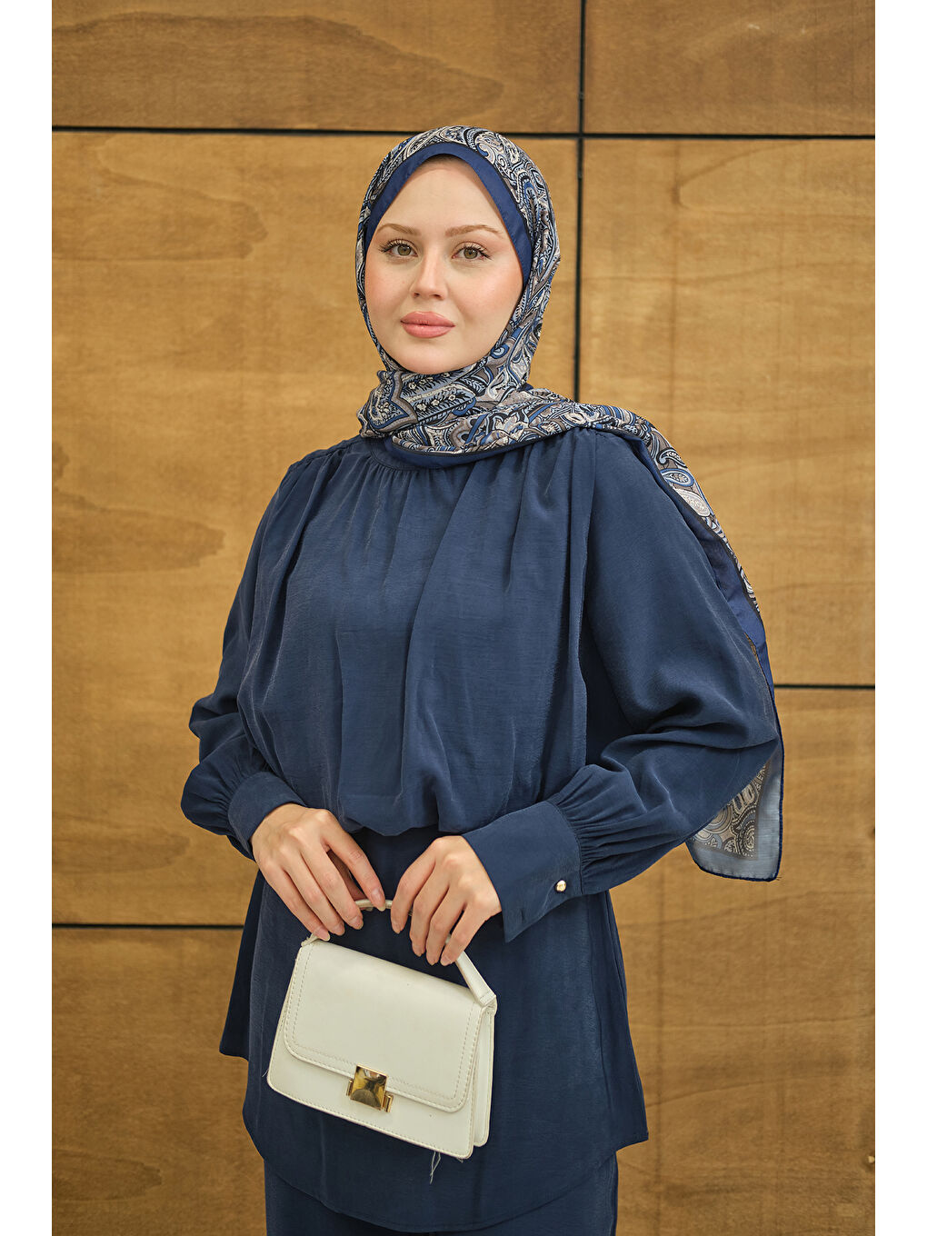 Kadın Hakim Yaka Balon Bel Volanlı Slimfit Tencele Takım Lacivert-4