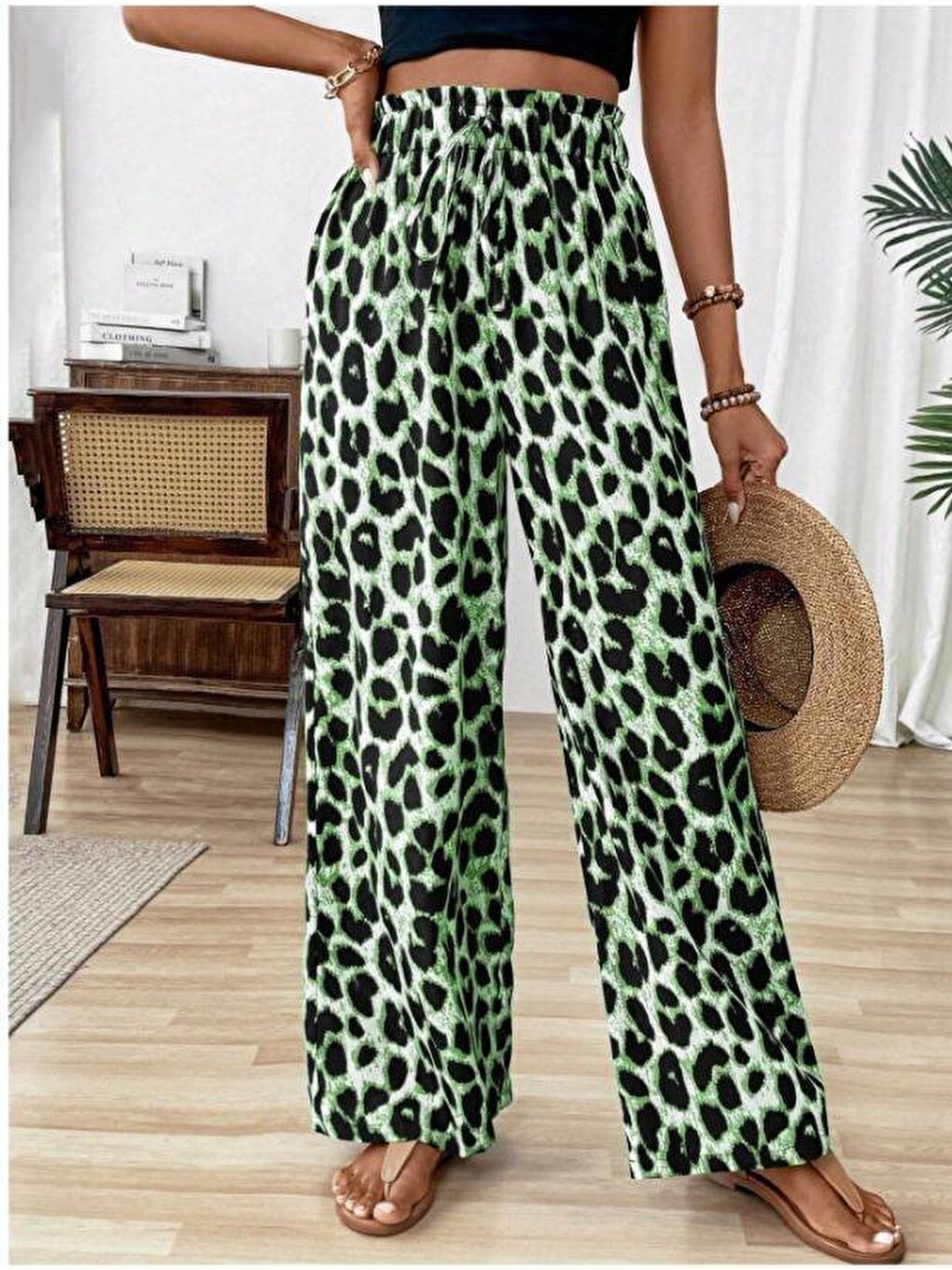Yeşil Kadın Beli Lastikli Leopar Desen Süprem Pantolon-1