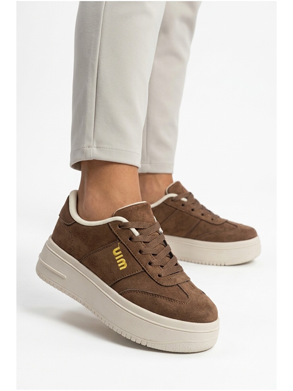 Kahverengi Kadın, Süet Doku, Kalın Taban, Bağcıklı, Günlük Sneaker Ayakkabı-6