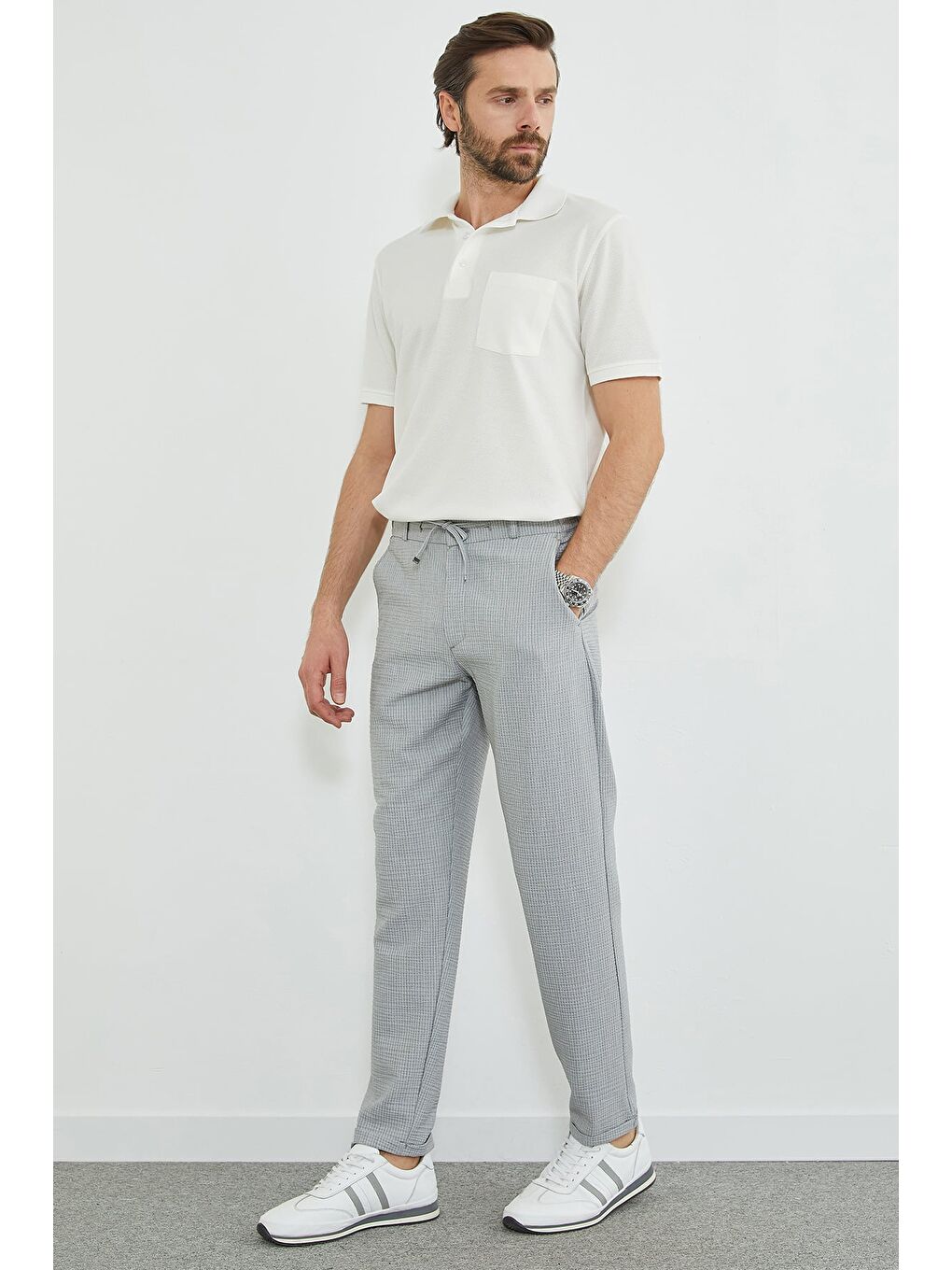 Gri Çizgili Duble Paça Beli Bağlamalı Pantolon-3