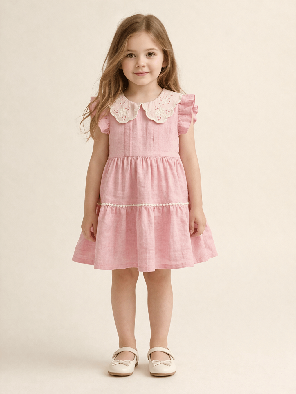 Pembe Bebe Yaka Kısa Kollu Kız Çocuk Elbise