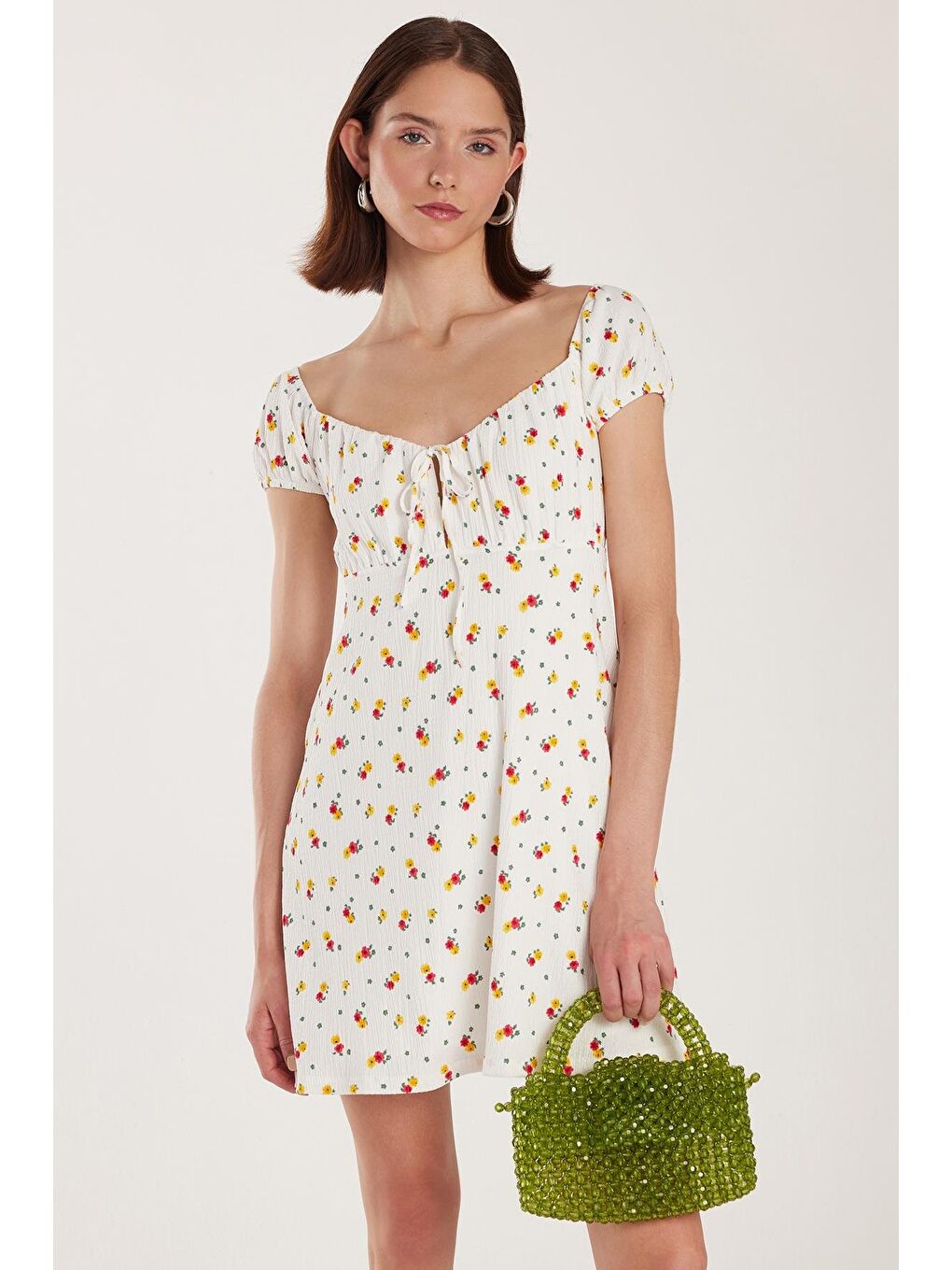 Lila Kadın Standart Fit Bağlama Detaylı Gofre Kare Yaka Mini Elbise