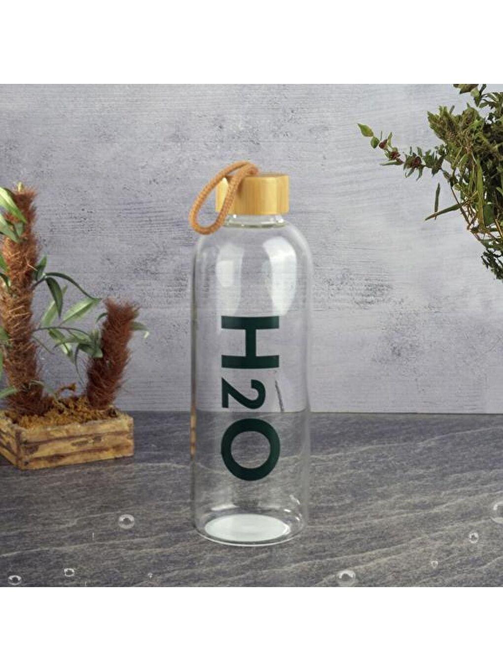 Bambu Kapaklı H2O Cam Matara - Şeffaf / Açık Kahverengi - 1 lt