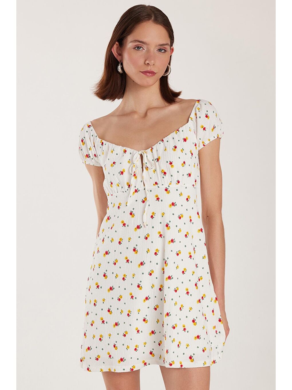 Lila Kadın Standart Fit Bağlama Detaylı Gofre Kare Yaka Mini Elbise-1