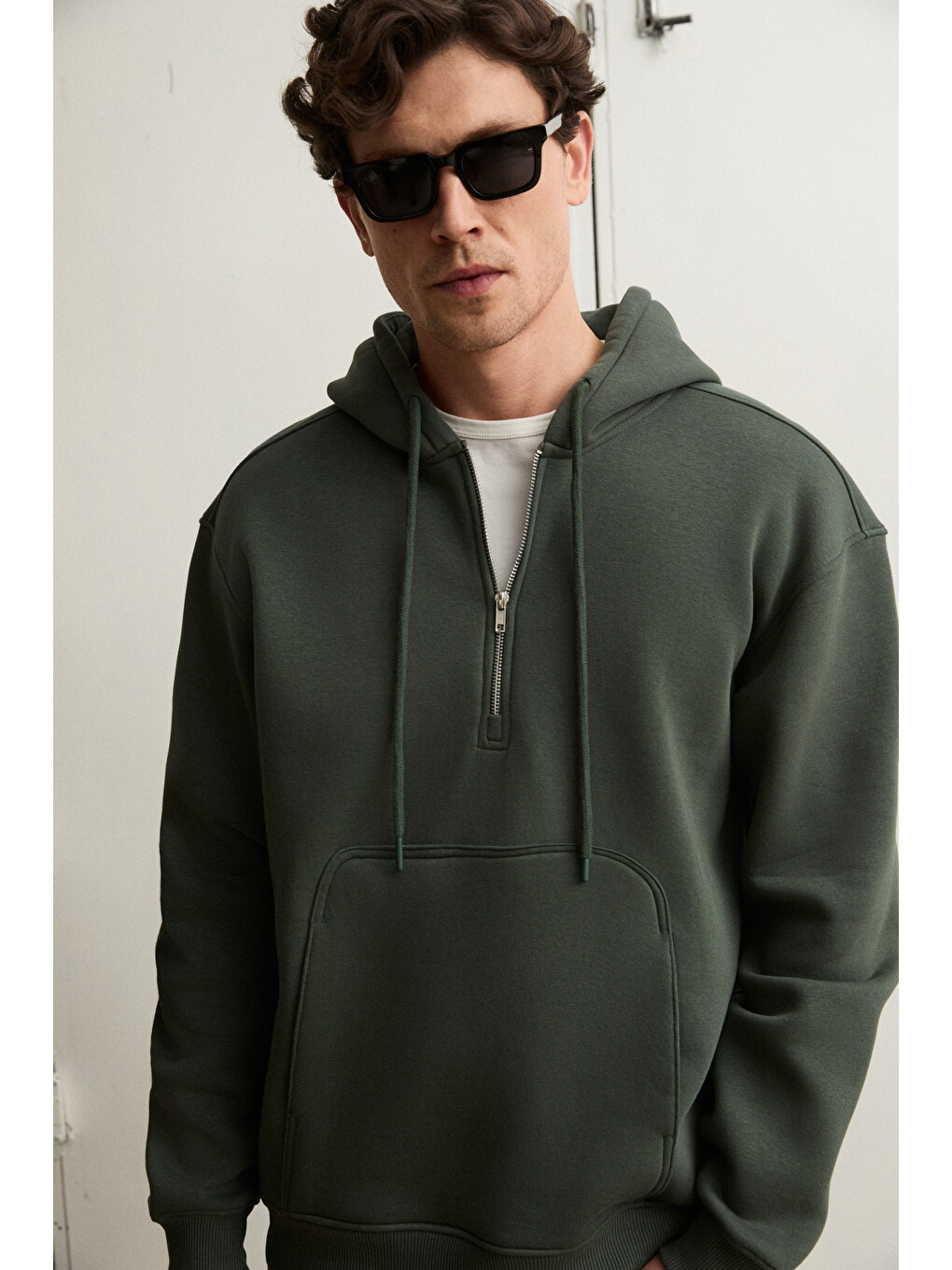 Justus Erkek Kapüşonlu Kanguru Cepli Fermuar Yakalı Yeşil Sweatshirt