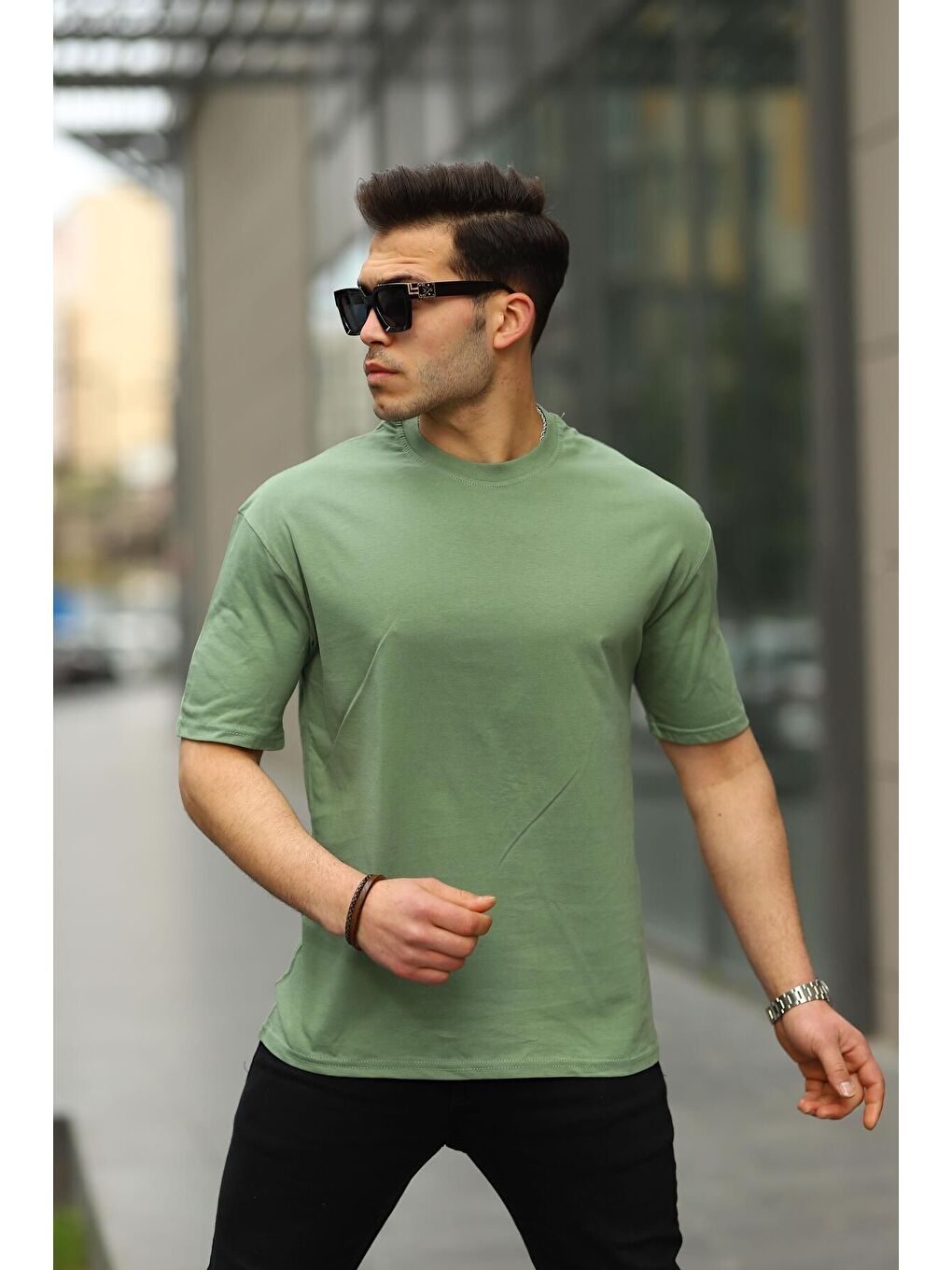 Haki Erkek Oversize Baskısız Tişört-1